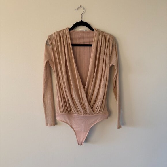 Abercrombie Mesh Net Draped Top (Bodysuit) in Shimmery Pale Tan, Size M - Picture 5 of 6